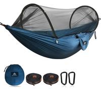 Hamac avec moustiquaire, dimensions 275x140 cm, couleur bleu marine, tissu en nylon parachute, capacité de charge de 300 kg, inclut des mousquetons et des sangles