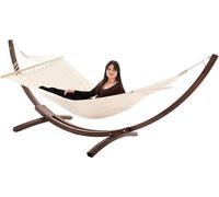 Hamac avec structure TREVIA – Hamac de jardin résistant aux intempéries, fabriqué en bois de mélèze, supportant jusqu'à 150 kg, hamac robuste pour une utilisation en extérieur (marron)