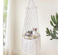 Hamac Chat Lit Balançoire pour Chat Tricoté à la Main Coton 30 cm | Hamac pour Chat Suspendu, Macramé Style à Franges Tissu Serré et Solide, Perchoir Chat pour Fenetre, Jardin, Salon