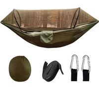 Hamac de voyage et de camping portable avec moustiquaire - Capacité de charge de 200 kg - Nylon respirant à séchage rapide - Comprend des tiges de suspension et des mousquetons (vert militaire)