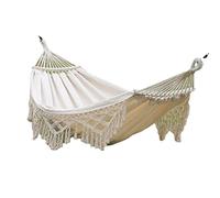 Hamac double en toile de coton avec pompons brésiliens et franges, barre d'épandage au crochet et sac de transport inclus Blanc