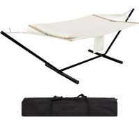 Hamac double - Hamac d'extérieur avec structure - Pour 2 personnes - Capacité de charge de 204 kg - Toile - Barre de support en bois - Sac de transport - Beige