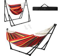 Hamac et fauteuil suspendu avec structure pliante, ensemble 2 en 1, noir/rouge