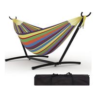 Hamac - Hamac deux places-Hamac sur pied avec structure en fer pour 2 personnes, 273 x 150 cm-avec sac de transport-Rayures colorées