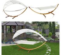 Hamac Izrielar avec support, balançoire suspendue en bois massif avec auvent, 415 cm x 150 cm x 210 cm - Chaise longue de jardin avec support en bois