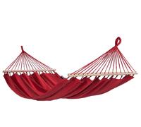 Hamac simple, rouge, avec support. Structure en bois, tissu en coton et polyester