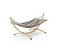 IDMarket - Hamac XL avec Support métal Effet Bois et Toile rayée Noire, Blanche et Chocolat