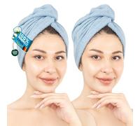 Hammetex Lot de 2 Serviettes pour Cheveux avec Bouton, 100% Coton, Séchage Rapide, Absorbant, Certifiées Oeko-TEX, Bleu Clair