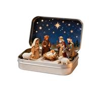 Hamosky Mini crèche de Noël dans une boîte en étain décorative, figurines en résine avec fond nuit étoilée, 9,5 x 6 cm, scène d'intérieur de collection