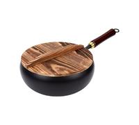 Hamwesh Wok Japonais en Fonte avec Couvercle en Bois, 10,2 Pouces | Poêle à Frire Chinoise à Fond Plat Forgée à la Main, Wok en Fer pour Cuisinières électriques à Gaz à Induction