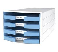 HAN IMPULS Boîte de rangement avec 4 tiroirs ouverts Blanc/bleu clair Format A4/C4 280 x 367 x 253 mm