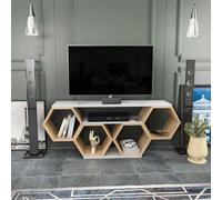 Hanah Home Élégant Meuble TV, Blanc et Sonamo, 140 x 29,6 x 55,5 cm, 100% mélamine, épaisseur 18 mm, Design Moderne pour Salon et Divertissement