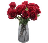 Hananona Lot de 12 Roses artificielles pour Composition Florale, Bouquet de Roses Rouges en Soie pour décoration de Maison, Roses artificielles pour fêtes de Saint-Valentin et décoration de Mariage