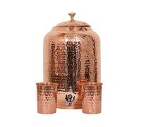 Handicraft Handloom Pot de distribution d'eau en cuivre pur martelé fait main indien 4 litres - Récipient de stockage d'eau de guérison ayurvédique - Bouteille en cuivre, tasse, pichet avec 2 verres