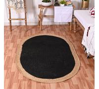 HandloomBazzar Tapis en jute tressé à la main en fibres naturelles, bohémien, écologique, tissé à la main pour la chambre, la cuisine, le salon, le style ferme (Naturel Noir, 0,69 x 1,22 m, ovale)