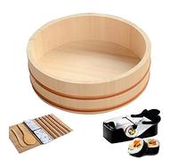 Hangiri Bol à riz à sushi avec kit de fabrication de sushis et machine à rouler pour la maison, la cuisine et le restaurant, outil de service en bois de 33 cm