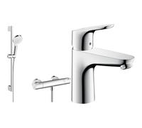 hangrohe Crometta - Set de douche, Ensemble de douche avec mitigeur thermostatique, douchette & Focus - Mitigeur de lavabo sans tirette ni vidage, économie d'énergie (CoolStart)