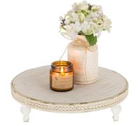 Hanobe Plateau Bois Riser Decoratif: Rustique Rond Blanc Petit Plateau avec Pied Plateaux Table Basse avec Perles - Vintage Mini Plats Ferme Deco pour Repas Canapé Cuisine 30cm