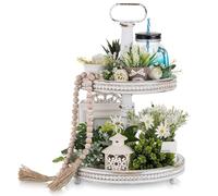 Hanobe Plateau de Service Decoratif Bois: Presentoir Rond de Table Basse Blanc pour Decoration - Plateau 2 Etages Rustique Vintage pour la Cuisine et Le Salon, 32 cm