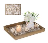 Hanobe Plateau de Service Decoratif Bois: Rectangulaire Plateaux Boho Decor pour Table Basse Chic Marron Plateau Vintage Deco pour Centre de Table Salle a Manger Cuisine Ottoman