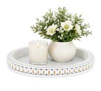 Hanobe Plateau Decoratif Bois Deco: Vintage Plateaux de Table Rond Blanc Lavé avec Perle pour Cuisine Salon Table Basse 30cm Shabby Chic Decoration Maison de Bougie