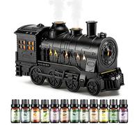 HANOLLY Diffuseur Huiles Essentielles 300ML, Humidificateur Ultrasonique avec 12X5ML Huile Essentielle, Diffuseur Forme Train avec Télécommande, 7 Couleurs LED, 4 Minuterie et Arrêt Automatique