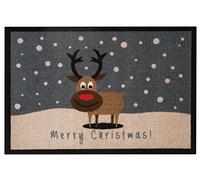 HANSE Home Printy intérieur 40 x 60 cm - Paillasson de Porte Merry Christmas Reindeer Lavable et résistant aux intempéries, antidérapant pour entrée et extérieur - Gris Marron, Polyamide, 40x60 cm