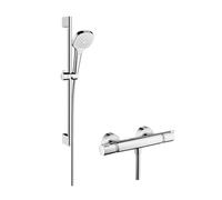 Hansgrohe Croma Select E - Set de douche Vario avec thermostat, 3 jets, barre de douche 65 cm, blanc/ chrome 27081400