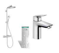 hansgrohe Crometta S - Colonne de douche avec mitigeur thermostatique, douche pluie 240 mm & Logis - Mitigeur de lavabo avec vidage Push-Open, Robinet de salle de bain avec hauteur
