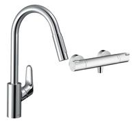 hansgrohe Focus M41 - Mitigeur de cuisine avec douchette extractible, 2 jet, Robinet avec hauteur & Ecostat 1001 CL - Mitigeur de douche thermostatique, Robinet de douche