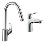 hansgrohe Focus M41 - Mitigeur de cuisine avec douchette extractible, 2 jet, Robinet avec hauteur & Focus - Mitigeur de lavabo avec tirette et vidage, Robinet de salle de bain