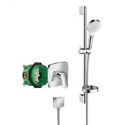 Hansgrohe - Logis Pack Mitigeur encastré + Fixfit Square + Barre de douche + Porte-savon + Douchette à main, Chrome (71605000-Crometta2)