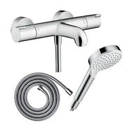 Pack mitigeur bain thermostatique HANSGROHE Ecostat 1001 lexible Metaflex + Pommeau Vernis Blend 100 EcoSmart 1jet chromé