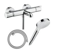 Pack mitigeur bain thermostatique HANSGROHE Ecostat Comfort + Flexible Designflex 1,6m + Pommeau Vernis Blend EcoSmart chromé