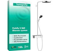 hansgrohe Pulsify S - Colonne de douche avec mitigeur thermostatique, douche pluie (⌀ 260mm) avec robinet, douchette (3 jets), support, flexible de douche, barre et douche de tête ronde, Chromé