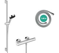 hansgrohe Pulsify S - Set de douche économie d'eau (EcoSmart+), Ensemble de douche avec mitigeur thermostatique Ecostat Element, Douchette, Barre douche 90cm, Flexible 160cm, Support, Chromé, 24271000