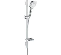 hansgrohe Raindance Select E Ensemble de douche 120 3 jet EcoSmart 9 l/min avec barre Unica'S puro 65 cm et porte-savon, blanc/chromé, 26622400
