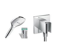 hansgrohe Raindance Select E - Pommeau de douche 3 types de jet, Douchette à main carré (diamètre 120 mm), Chromé & Support de douche Porter Square chromé, fixfit 26486000