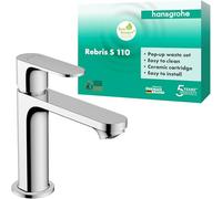 hansgrohe Rebris S - Mitigeur de lavabo avec tirette et vidage, Robinet de salle de bain avec hauteur sous bec 109 mm, économie d'eau (EcoSmart), Chromé, 72517000