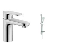 hansgrohe Vernis Blend Mitigeur de lavabo 100 sans tirette ni vidage, chromé, 71580000 & hangrohe Crometta - Set de douche, Ensemble de douche avec douchette, barre de douche 65cm