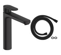 hansgrohe Vernis Blend Mitigeur de lavabo 190 sans tirette ni vidage, noir mat & Isiflex - Flexible de douche universel 1,60 m, tuyau de douche avec protection anti-pliure et écrou tournant