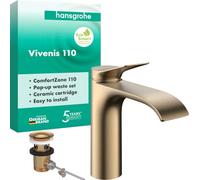 hansgrohe Vivenis 75020140 Mitigeur de lavabo avec tirette de vidage, robinet de salle de bain avec bec hauteur 110 mm, mitigeur lavabo économe en eau (EcoSmart), bronze brossé