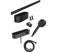 hansgrohe WallStoris - Ensemble d'accessoires pour la salle de bain sans percage 7 pièces, avec Pommeau de douche économie d'eau, Mitigeur thermostatique douche et Accessoires, Noir mat, 24250670