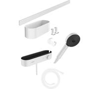 hansgrohe WallStoris - Ensemble d'accessoires pour la salle de bain sans percage 7 pièces, avec Pommeau de douche économie d'eau, Mitigeur thermostatique douche et Accessoires, Blanc mat, 24250700
