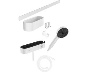 hansgrohe WallStoris - Ensemble d'accessoires pour la salle de bain sans percage 7 pièces, avec Pommeau de douche économie d'eau, Mitigeur thermostatique douche et Accessoires, Blanc mat, 24250700