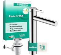 hansgrohe Zesis S Mitigeur de Lavabo avec Tirette et Vidage, Chromé | robinet avec hauteur de bec 233 mm, CoolStart, jet volumineux (AirPower), max. 4 l/min, cartouche en céramique, 74730000