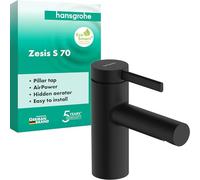hansgrohe Zesis S - Mitigeur de lavabo eau froide sans tirette ni vidage, Robinet de salle de bain avec hauteur sous bec 74 mm, max. 5l/min (EcoSmart), Noir mat, 74713670