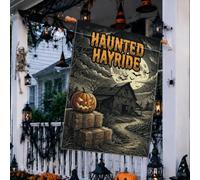 Hanted Hayride Drapeau de maison citrouilles sur le thème d'Halloween 71,1 | Paysage effrayant de grange, drapeau de cour, atmosphère étrange au clair de lune, design rustique de balle de foin