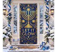 Hanukkah Menorah Couvre-porte en mosaïque 91,4 x 182,9 cm | Style mosaïque artistique, bannière de porche, typographie détaillée dorée, décoration d'entrée saisonnière
