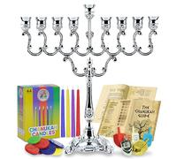 Hanukkah Menorah Set - Ensemble Menorah Hanouka Chandelier - Petite Menorah 9 Branches, Bougies, Dreidels, Jouer de L'argent Et Instructions Pour La Fête De Hanoucca - Argent